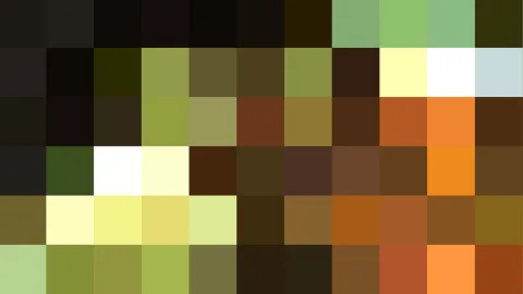 Mosaik aus quadratischen Farbfeldern in einem Raster von zehn mal sechs Feldern, mit dunklen Tönen, Grün, Ocker, Orange und einzelnen hellen Feldern.