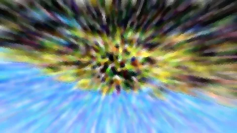 Abstrakte Komposition aus radial auseinanderstrebenden Farbstrahlen in Gelb, Grün, Schwarz und Blau, die von einem dunklen Zentrum nach außen laufen.