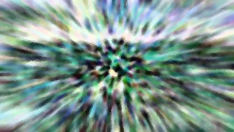 Abstrakte Komposition aus strahlenförmigen, verwischten Farbstreifen in Grün, Blau, Violett und Weiß, die von einem dunklen Zentrum nach außen laufen.