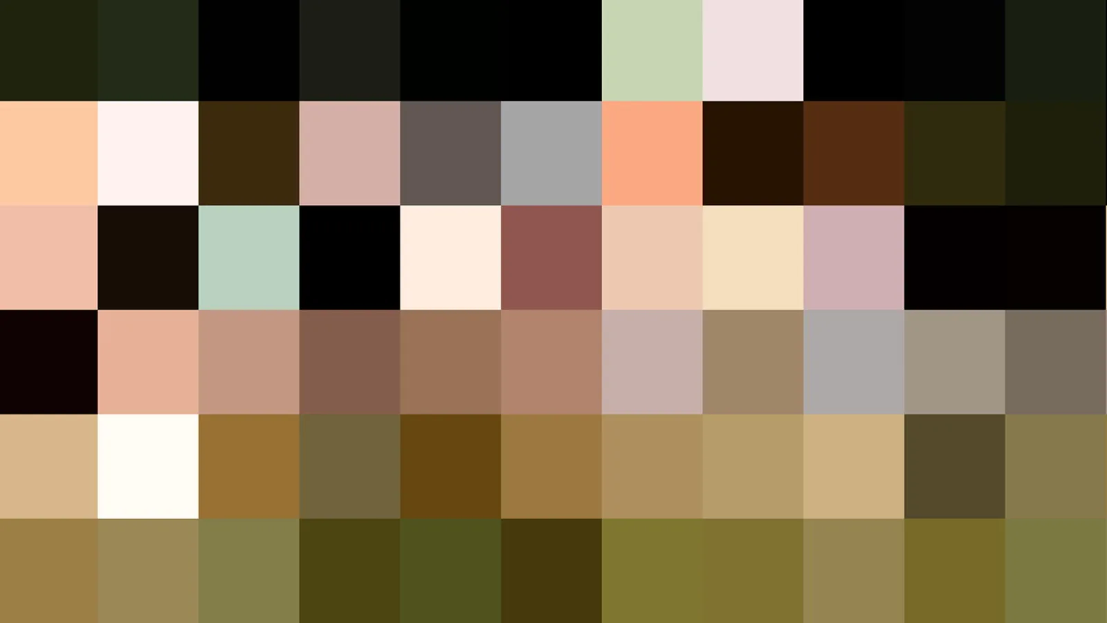 Pixeliges Mosaik aus farbigen Feldern in Schwarz, Beige, Braun, Oliv und Pfirsich.