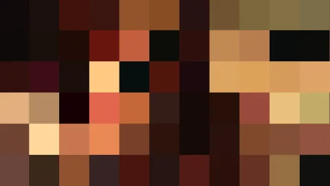 Mosaik aus quadratischen Pixelblöcken in Braun, Orange, Ocker und Schwarz, dunkler links und heller rechts