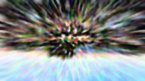 Abstrakte Komposition aus radialer Bewegungsunschärfe mit grünen, violetten und pinken Farbstreifen, die von einem dunklen Zentrum nach außen laufen, unten helles blaues Licht.