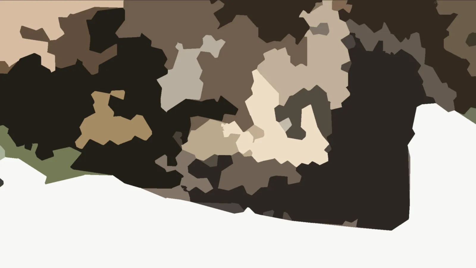 Abstraktes Muster aus unregelmäßigen Flächen in Braun, Beige, Creme und Schwarz, unten am Rand eine helle weiße Fläche und links unten ein schmaler grüner Streifen.