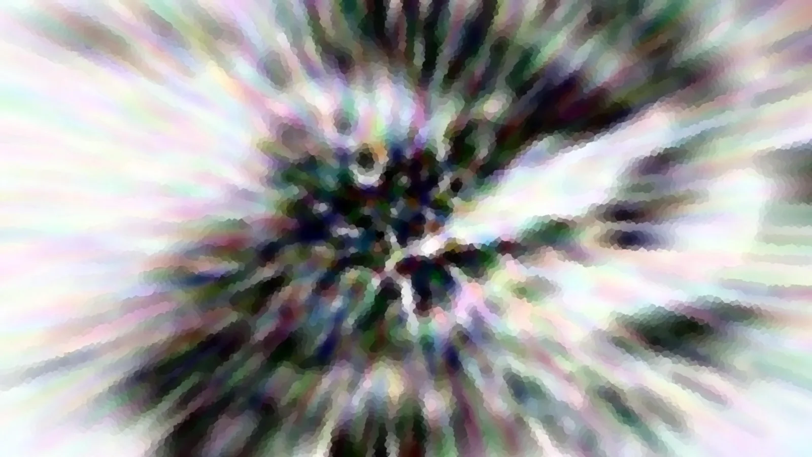 Abstrakte Komposition aus radial verlaufenden, bunten Streifen mit dunklem Zentrum und hellen Rändern.