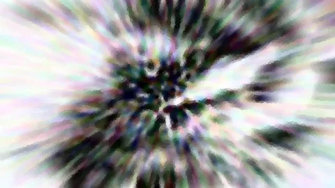 Abstrakte Komposition aus radial verlaufenden, bunten Streifen mit dunklem Zentrum und hellen Rändern.