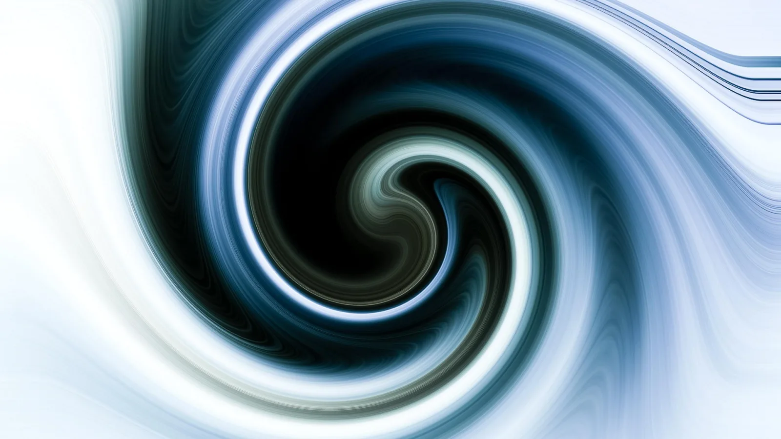 Abstrakter Strudel aus dunklen und hellen blauen Schlieren, die sich von einem schwarzen Zentrum spiralförmig nach außen auf weißem Grund ziehen.