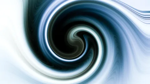 Abstrakter Strudel aus dunklen und hellen blauen Schlieren, die sich von einem schwarzen Zentrum spiralförmig nach außen auf weißem Grund ziehen.