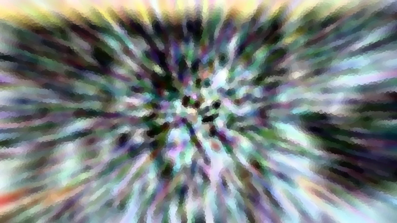Abstrakte Komposition aus bunten, verwischten Streifen, die vom Zentrum radial nach außen laufen, in Grün, Violett, Weiß und Blau.