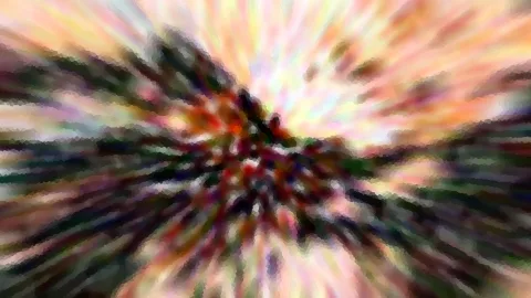 Abstrakte Komposition aus radial von der Mitte nach außen verlaufenden Streifen in Rot, Orange, Gelb, Rosa und dunklem Grün, die im Zentrum wirbelnd zusammenlaufen.