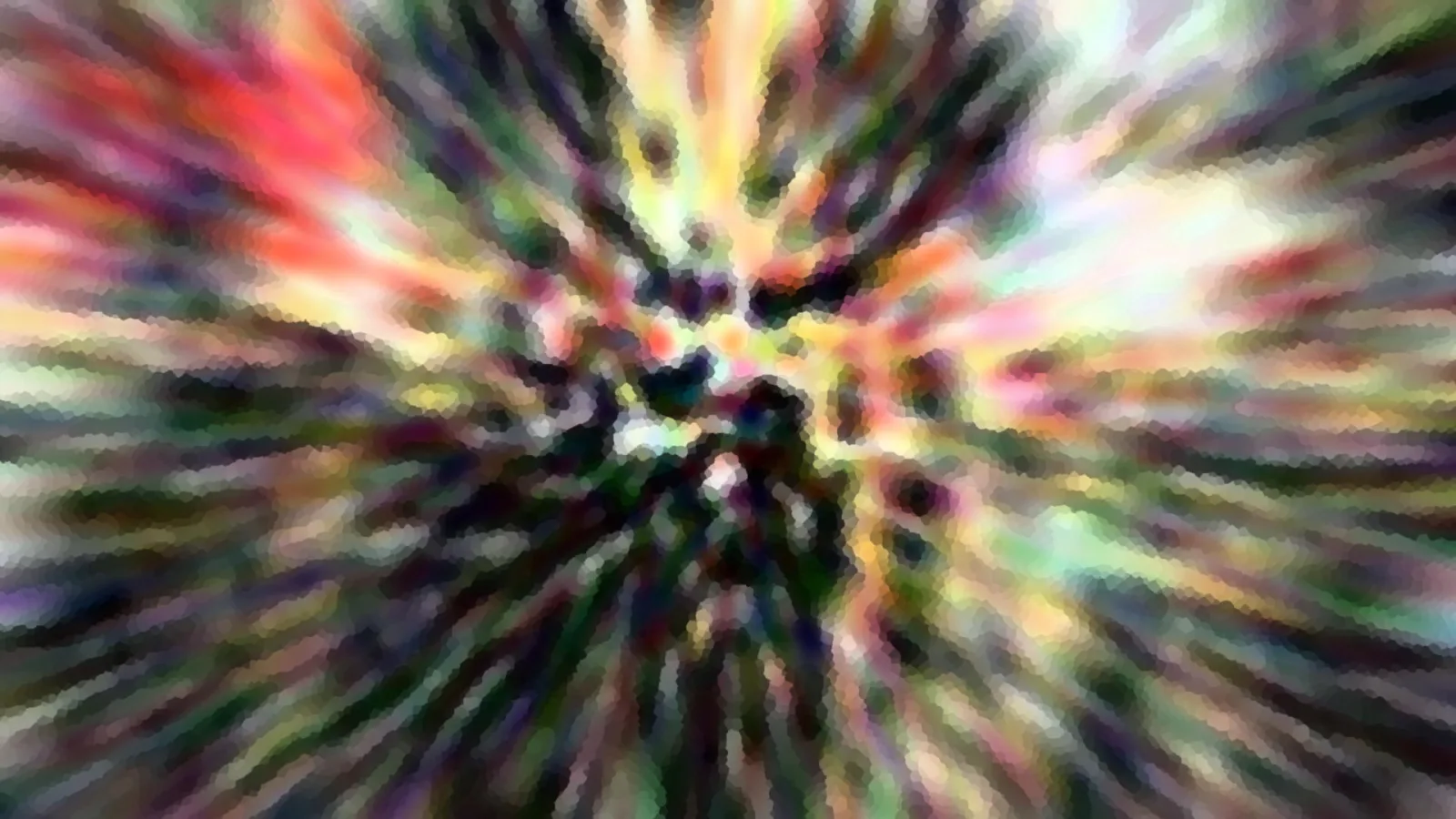 Abstraktes Bild mit bunten Farbstrahlen, die von einem dunklen Zentrum radial nach außen verlaufen, mosaikartig verpixelt.