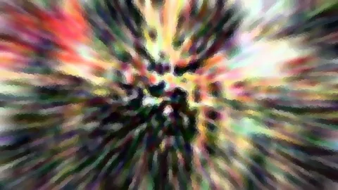 Abstraktes Bild mit bunten Farbstrahlen, die von einem dunklen Zentrum radial nach außen verlaufen, mosaikartig verpixelt.