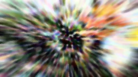 Abstraktes Bild mit radial von einem dunklen Zentrum nach außen laufenden, pastellfarbenen und dunklen Streifen in Grün, Orange, Gelb und Violett, grob pixelig verwischt.