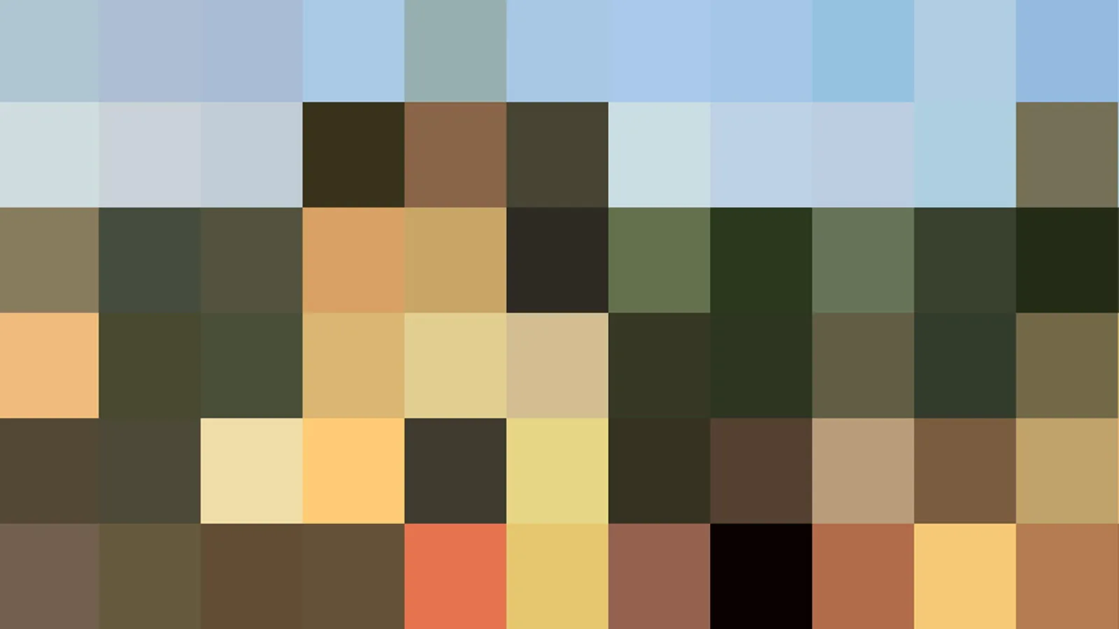 Mosaik aus rechteckigen Farbfeldern in Reihen: oben hellblaue Töne, in der Mitte dunkles Grün und Braun, unten Gelb, Orange und Rot.