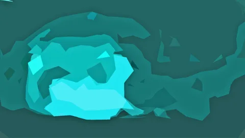 Abstrakte Komposition aus türkisfarbenen Flächen, im Zentrum leuchtet ein helles Cyan.