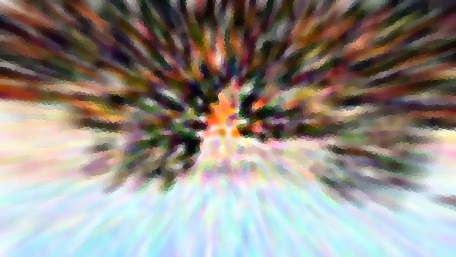 Abstrakte Komposition mit radialem Zoomeffekt: bunte Streifen laufen von einem orangefarbenen Zentrum nach außen, oben dunkel und farbig, unten helle Pastelltöne.