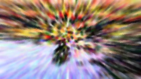 Abstraktes Bild mit radialer Bewegungsunschärfe in Rot, Gelb, Grün und Lila, das vom Zentrum nach außen strahlt, mit einer dunklen Form in der Mitte.