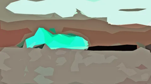 Abstrakte Landschaft mit einer türkisfarbenen Formation vor braunen Hügeln und hellem Himmel