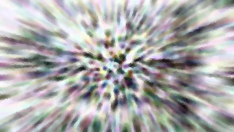 Abstrakte Komposition aus bunten Pastelltönen in Lila, Grün und Weiß, die von einem zentralen Punkt radial nach außen strahlen und mosaikartig aufgelöst wirken.