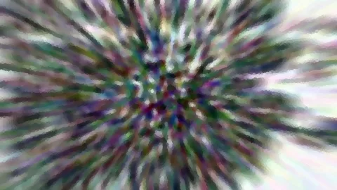 Abstrakte Komposition aus radial verlaufenden, bunten Schlieren in Grün, Violett und Weiß, mit mosaikartiger Struktur.
