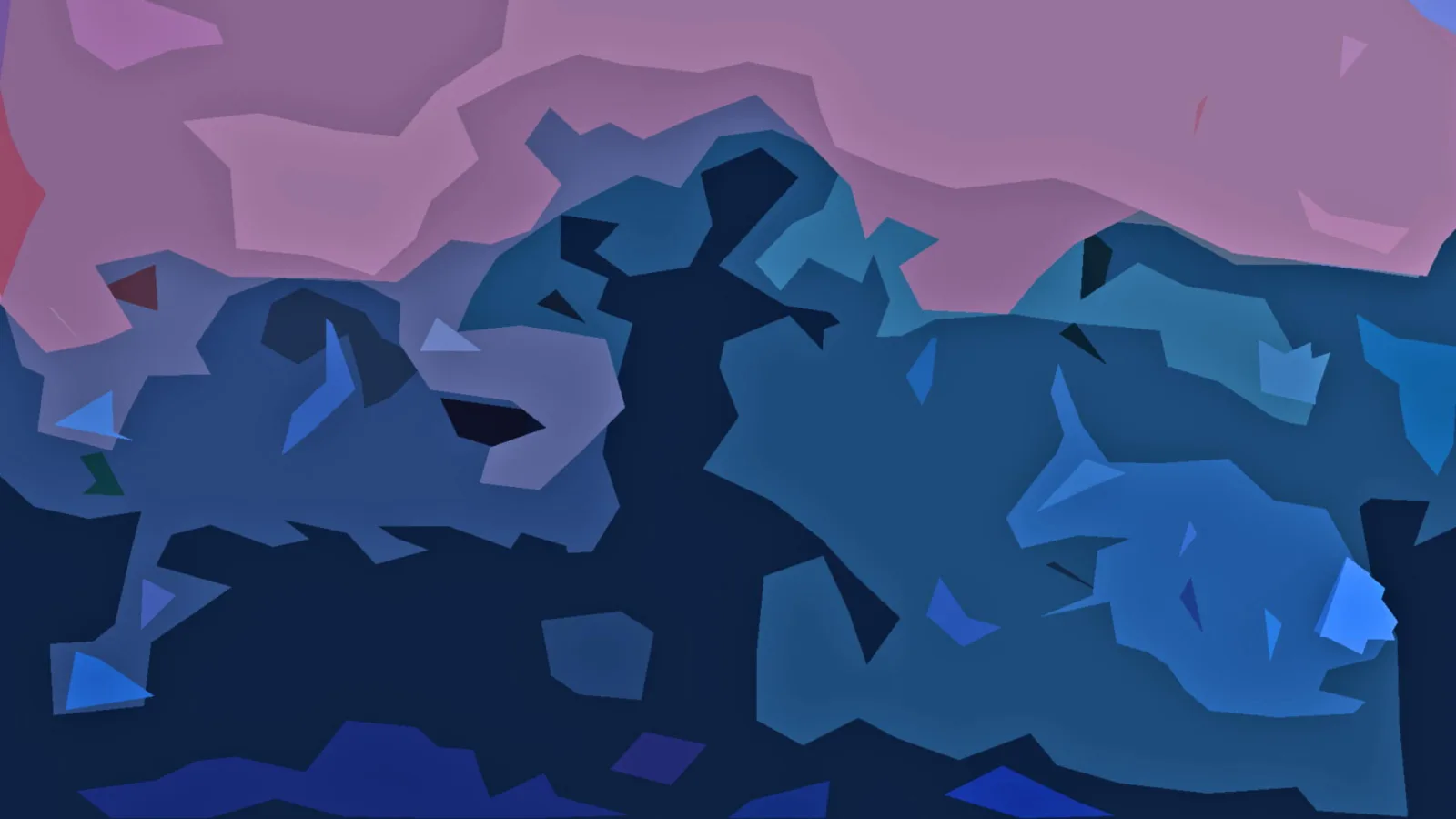 Abstrakte Komposition aus flächigen, kantigen Formen in Rosa oben und Blau- bis Dunkelblau-Tönen darunter, mit kleinen hellblauen und dunklen Akzenten.