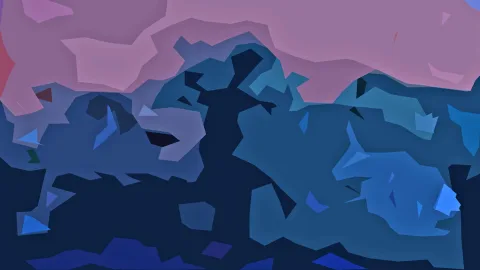 Abstrakte Komposition aus flächigen, kantigen Formen in Rosa oben und Blau- bis Dunkelblau-Tönen darunter, mit kleinen hellblauen und dunklen Akzenten.
