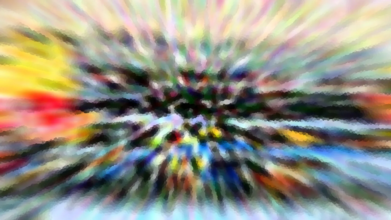 Abstrakte Komposition aus radial verwischten Farbstreifen in Gelb, Rot, Blau und Grün, mit mosaikartiger Pixelstruktur.