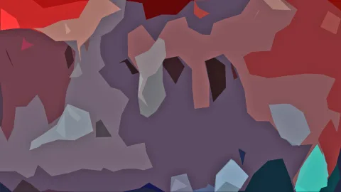 Abstrakte Komposition aus kantigen Flächen in Rot, Violett, Grau und Türkis.