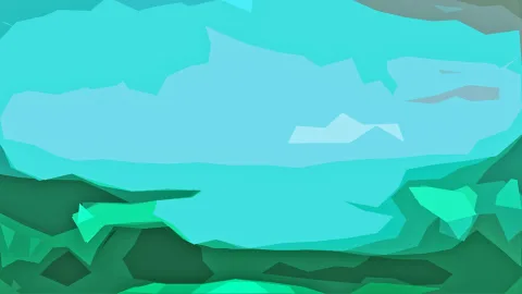 Abstrakte Landschaft aus flachen, facettierten Formen: oben ein türkisfarbener Himmel mit hellen Flächen, unten dunkelgrüne und hellgrüne Hügel.