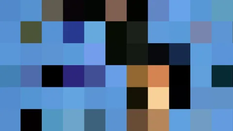 Quadratisches Pixelmosaik in Blau-, Schwarz- und Brauntönen, durchsetzt mit einzelnen orangefarbenen und beigen Feldern.