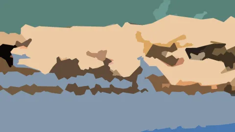 Abstrakte Komposition aus flachen, unregelmäßigen Farbflächen in Petrol, Sandbeige, Braun und Blau, oben Petrol, in der Mitte große helle Beigefläche.