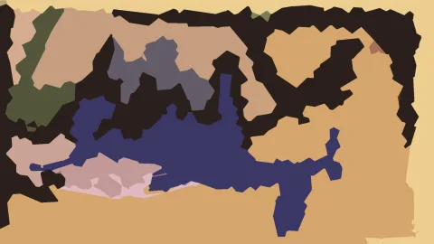 Abstrakte Komposition aus schwarzen, beigen, dunkelblauen und olivgrünen Flächen mit unregelmäßigen Kanten auf hellem Grund.