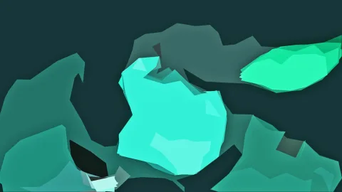 Abstrakte 3D-Komposition aus türkisfarbenen und petrolgrünen Formen mit kantigen Facetten vor dunklem Hintergrund