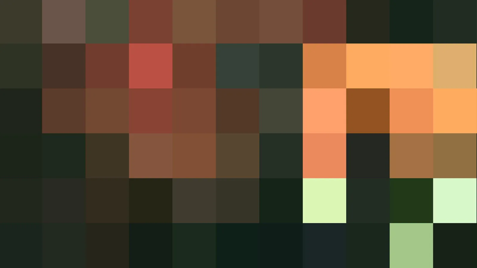 Abstraktes Pixelmosaik aus rechteckigen Feldern in Braun, Rot, Orange, Dunkelgrün und hellem Grün, in sechs Zeilen angeordnet.