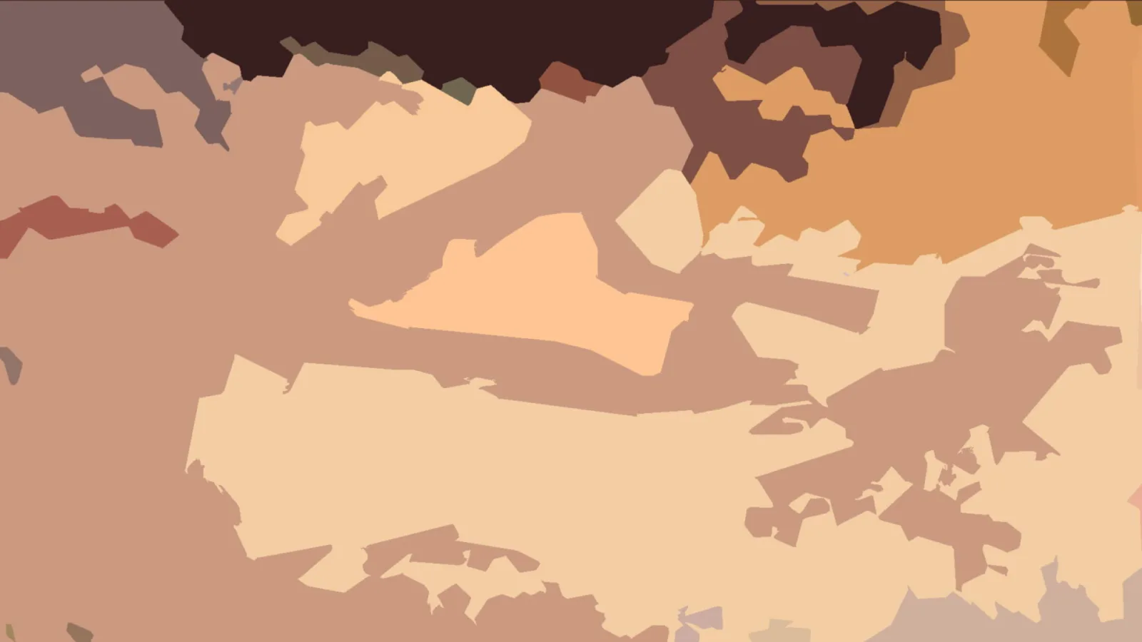 Abstraktes Bild aus unregelmäßigen Farbflächen in Beige, Sandtönen, Braun und Orange, oben dunkel, rechts orange.