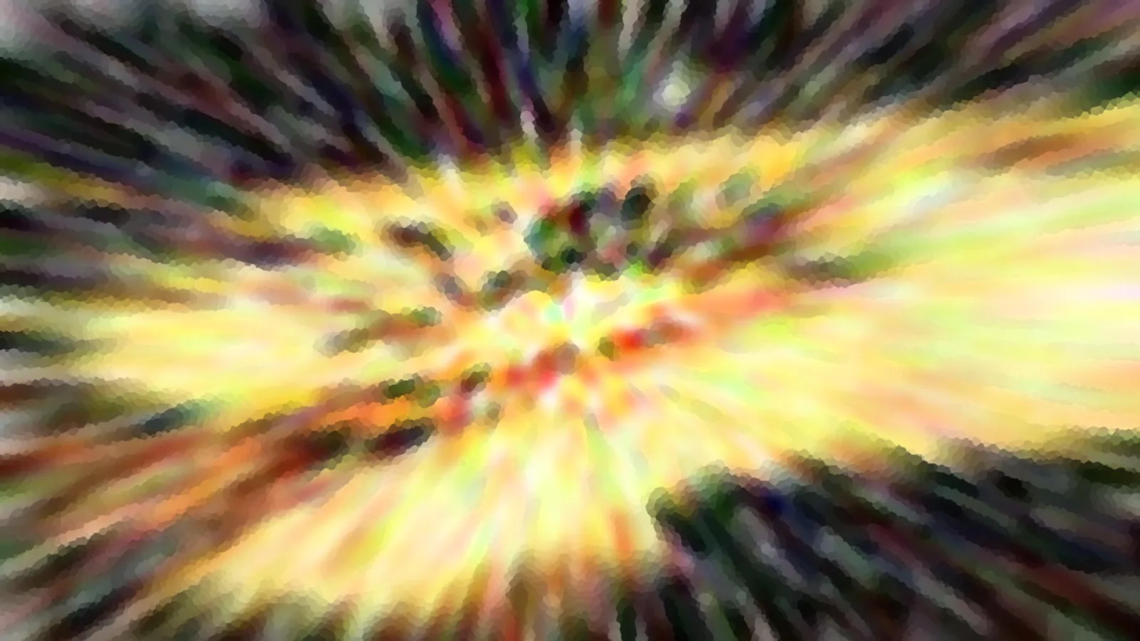 Abstrakte, radial verwischte Farbfläche mit gelbem Zentrum, dunklen Schlieren und roten und grünen Tönen.