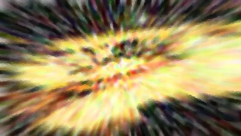 Abstrakte, radial verwischte Farbfläche mit gelbem Zentrum, dunklen Schlieren und roten und grünen Tönen.