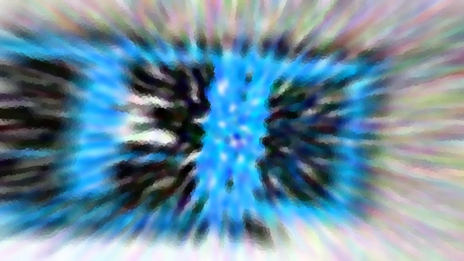 Abstraktes Bild mit radialer Unschärfe: blaues Zentrum, dunkle Schlieren und pastellfarbene Ränder in Regenbogentönen.