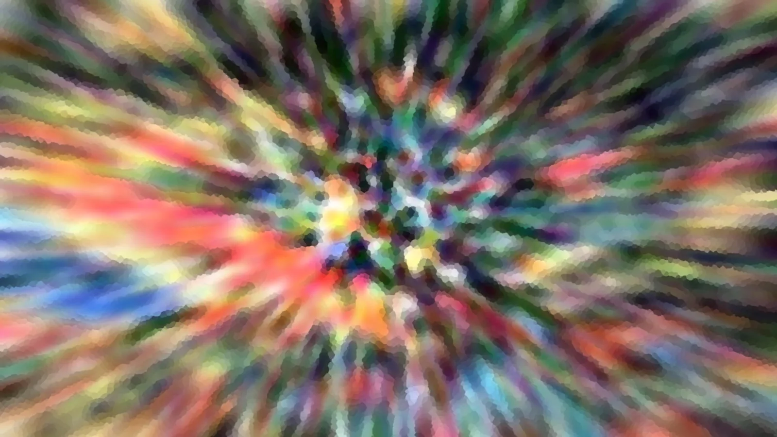 Abstraktes Bild mit radial von der Mitte nach außen strahlenden, bunten Farbschlieren in Rot, Gelb, Blau und Grün, teils mosaikartig pixelig.