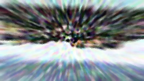 Abstraktes Bild mit radialen Schlieren, die von einem dunklen Zentrum nach außen laufen, in Grün, Violett und Weiß, mit mosaikartiger Pixelstruktur.