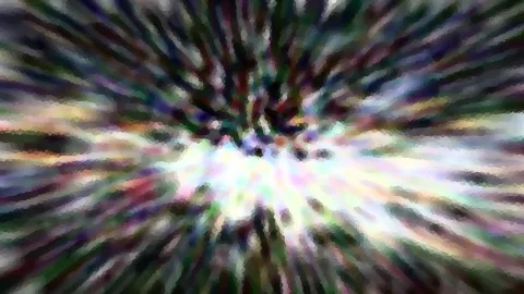 Abstrakte Komposition aus bunten, radial vom Zentrum nach außen verlaufenden Streifen in Weiß, Grün, Violett und Blau, die wie eine Zoom-Bewegung wirken.