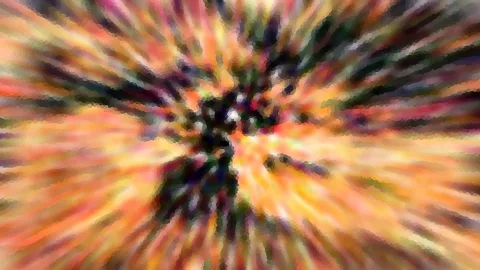 Abstrakte Komposition aus bunten Farbstrahlen, die von einem dunklen Zentrum nach außen laufen, mit mosaikartiger Pixelstruktur.