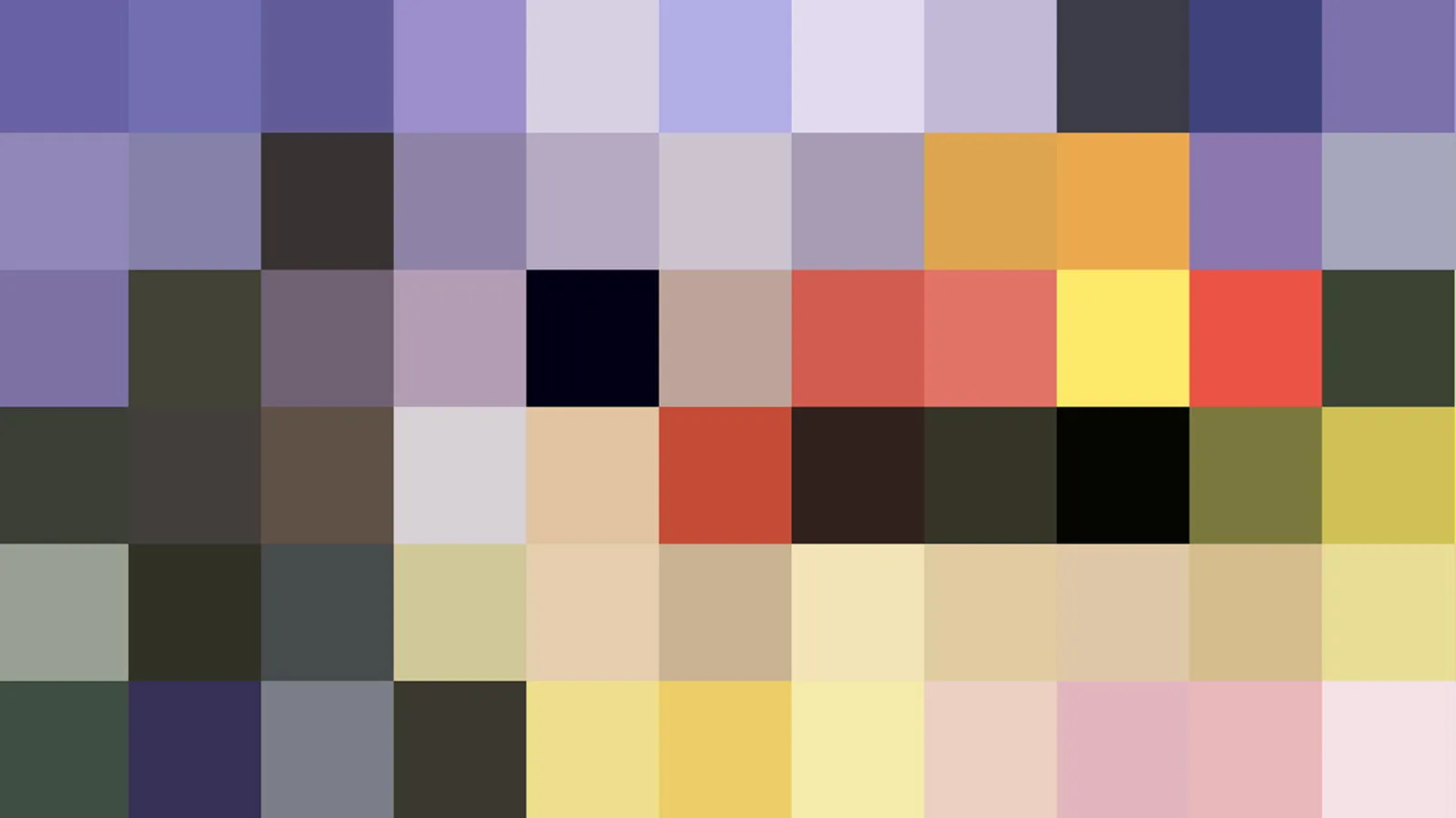 Mosaik aus farbigen Quadraten in Lila, Gelb, Rot, Schwarz und Beige in einem Raster aus zehn Spalten und sechs Reihen.
