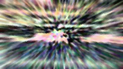 Abstraktes Bild mit farbigen Strahlen, die von einem dunklen Zentrum nach außen laufen, durch Zoomunschärfe und mosaikartige Pixel verwischt, in Pastelltönen aus Rosa, Grün und Violett.