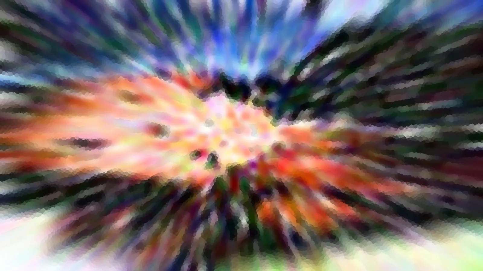 Abstrakte Komposition aus radial von der Mitte ausstrahlenden Streifen in Orange, Rot, Blau und Grün, die in einem hellen Zentrum zusammenlaufen.