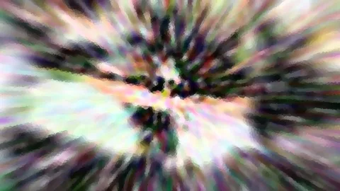 Abstrakte Komposition aus bunten, radial vom Zentrum ausstrahlenden Schlieren mit verpixelter Struktur und dunklen Flecken in der Mitte