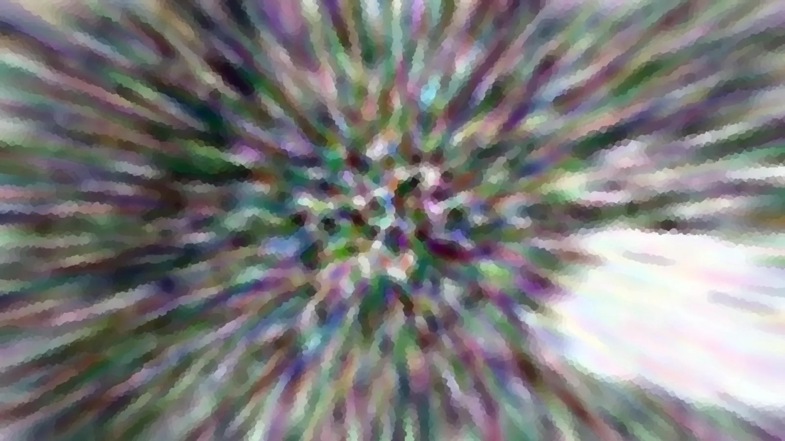 Abstrakte Komposition aus bunten, radial vom Zentrum nach außen verlaufenden Streifen in Grün, Violett und Weiß, rechts unten ein heller, verwaschener Bereich.