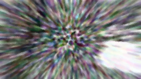 Abstrakte Komposition aus bunten, radial vom Zentrum nach außen verlaufenden Streifen in Grün, Violett und Weiß, rechts unten ein heller, verwaschener Bereich.