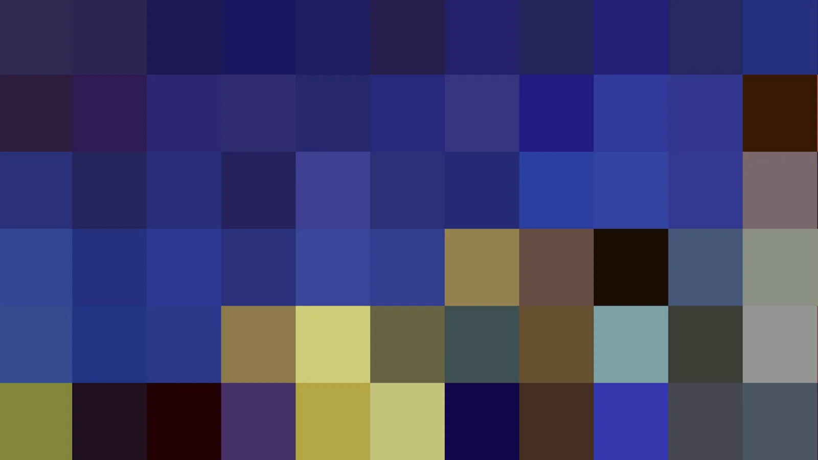 Abstraktes Raster aus kleinen quadratischen Farbfeldern in Blau, Violett, Ocker und Schwarz, das an ein grobes Mosaik erinnert.