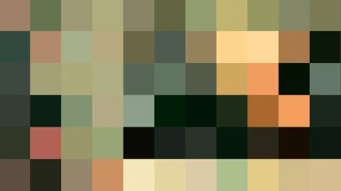 Abstraktes Raster aus farbigen Quadraten in Oliv-, Grün-, Braun- und Beigetönen, dazwischen dunkle und helle Akzente.