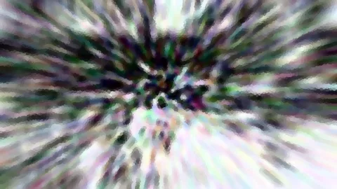 Abstrakte Komposition aus verwischten, radial angeordneten Farbstreifen in Grün, Lila und Weiß, die von einem dunklen Zentrum nach außen strahlen.